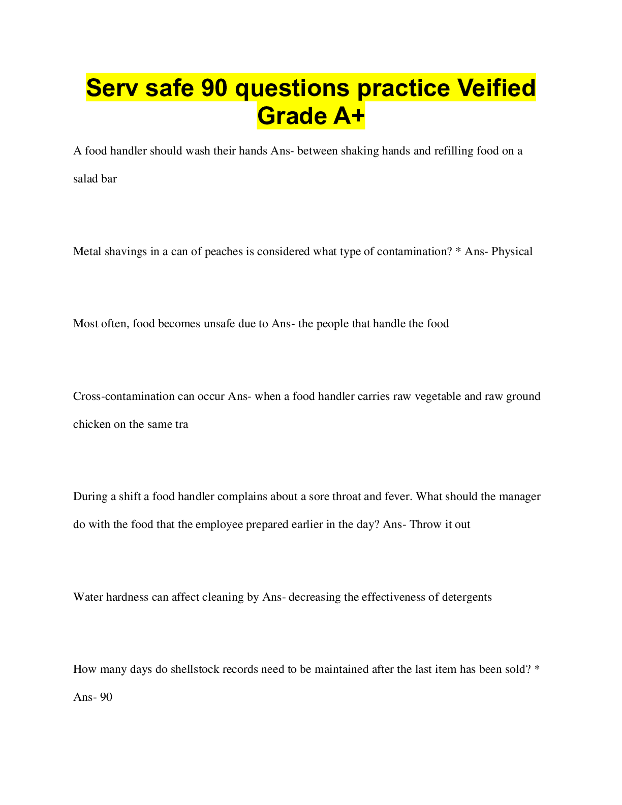 Preview image for Serv safe 90 questions practice Veified  Grade A+